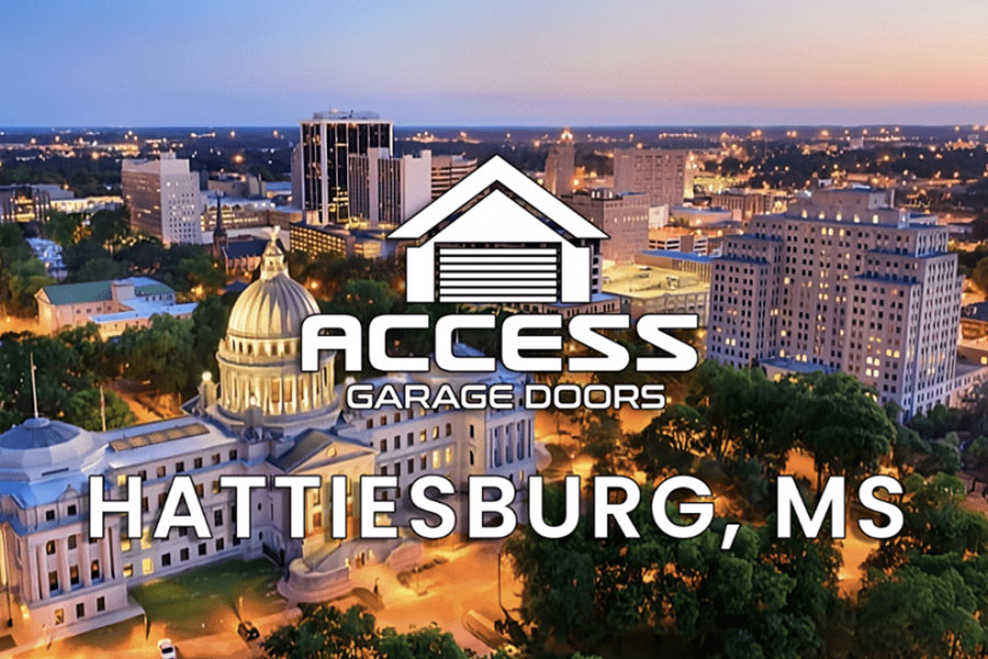 Downtown Hattiesburg with Access Garage Doors logo