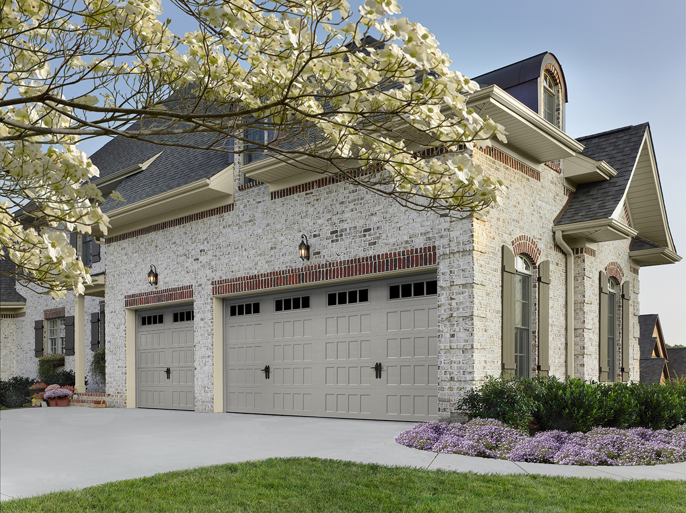 A home with a new garage door
